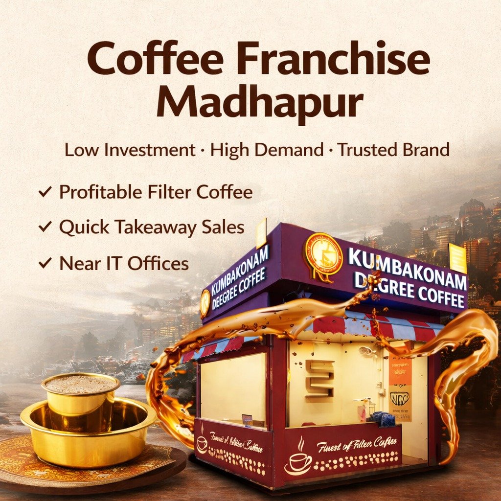 Coffee shop franchise in Madhapur with Kumbakonam Degree Coffee kiosk and brass dabara filter coffee setup