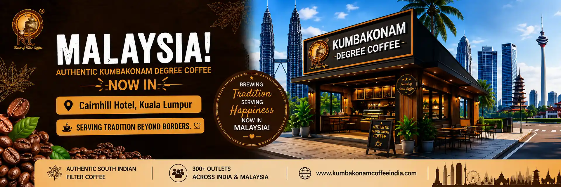 Kumbakonam Degree Coffee Malaysia outlet banner featuring the new outlet at Cairnhill Hotel, Kuala Lumpur, serving authentic South Indian filter coffee in Malaysia.