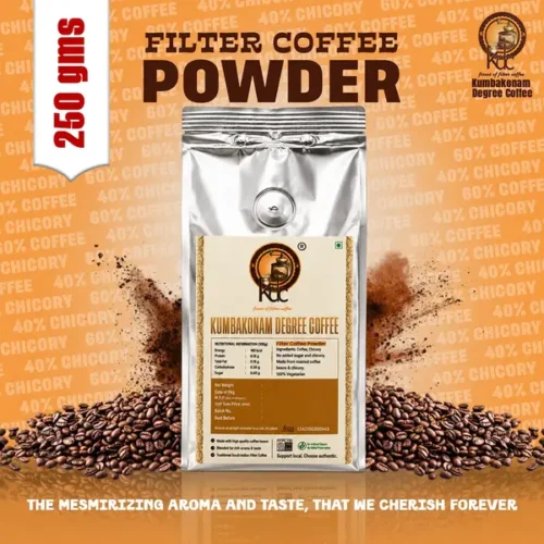 Silver pouch of 60:40 filter coffee powder with roasted coffee beans, coffee powder, and blend details.
