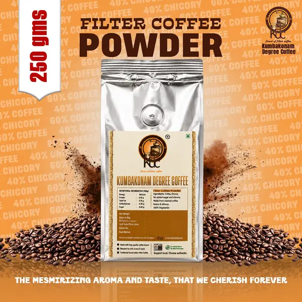 60:40 Filter Coffee Powder | Kumbakonam Degree Coffee Silver pouch of 60:40 filter coffee powder with roasted coffee beans, coffee powder, and blend details.