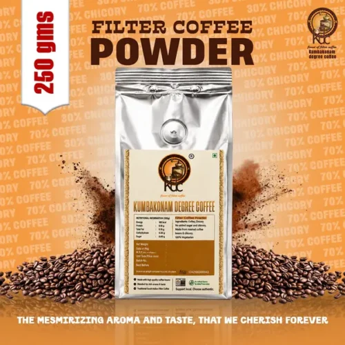 Silver pouch of 70:30 filter coffee powder surrounded by roasted coffee beans and coffee powder.