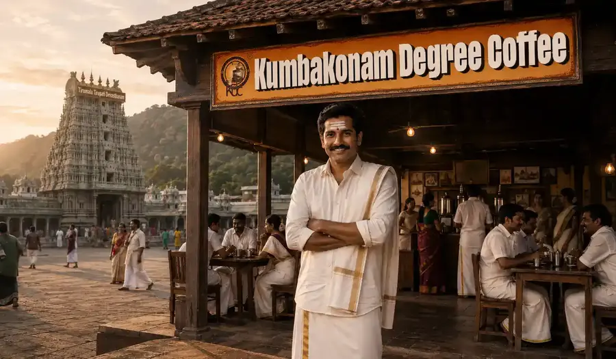 Kumbakonam Degree Coffee café in Tirupati with a temple backdrop, representing a South Indian filter coffee franchise opportunity.