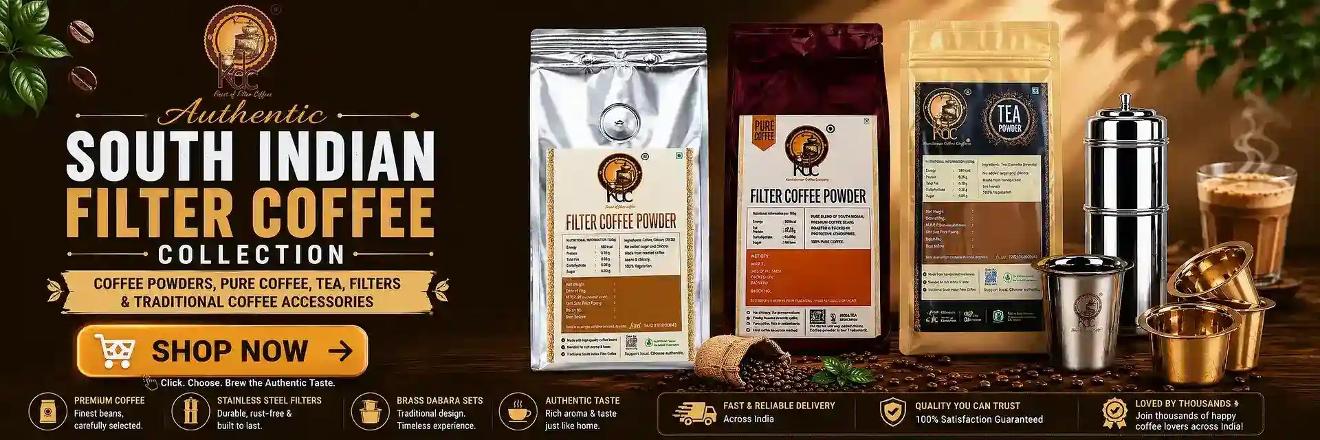 A South Indian filter coffee collection featuring authentic filter coffee powder, tea powder, a stainless steel coffee filter, and a brass dabara set.
