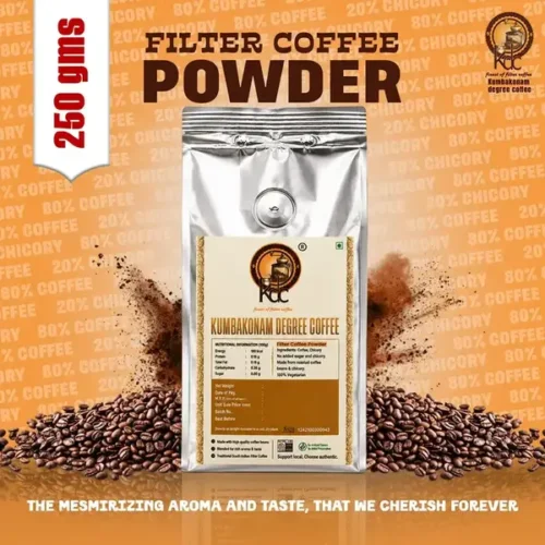 Silver pouch of South Indian filter coffee powder with coffee beans and 80% coffee, 20% chicory blend details.