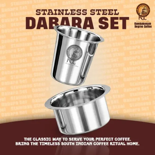 Stainless steel dabara set with a silver polished tumbler and matching bowl on a coffee-themed background.