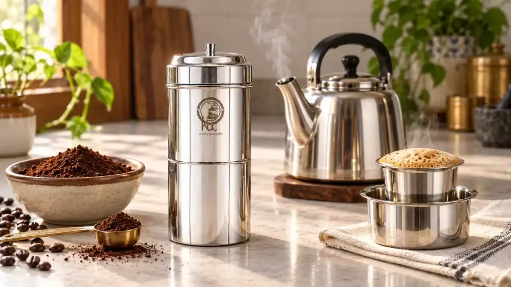 Filter Coffee vs Instant Coffee: Convenience or Great Taste - Which Would You Choose? 2 Stainless-steel South Indian coffee filter with ground coffee, kettle and freshly prepared filter coffee
