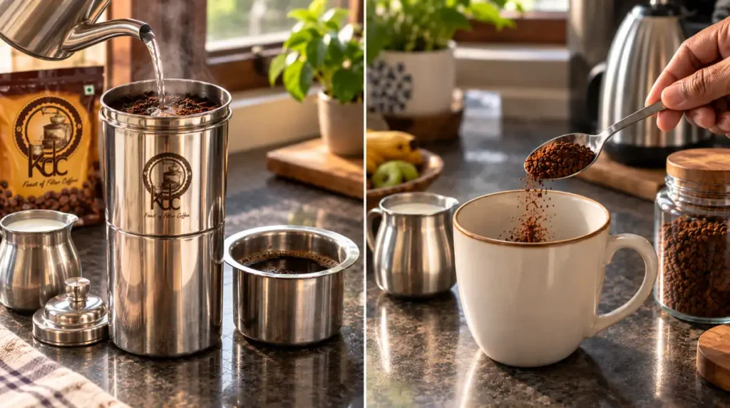 Filter Coffee vs Instant Coffee: Convenience or Great Taste - Which Would You Choose? 3 Filter coffee brewed in a traditional steel filter compared with instant coffee granules added to a cup