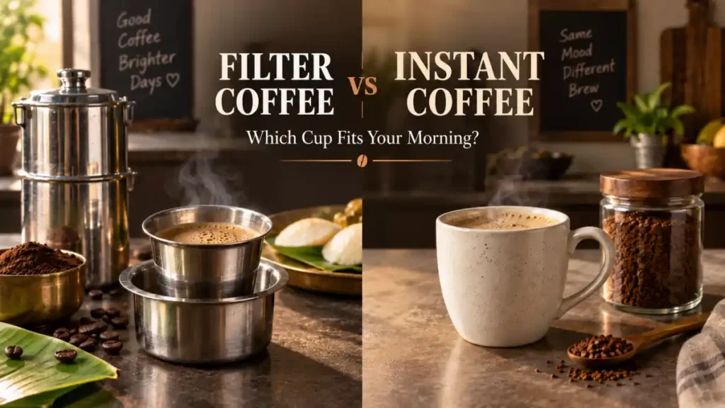 Filter coffee vs instant coffee comparison with South Indian coffee filter and instant coffee cup