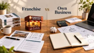 Franchise vs own business in India comparison featuring a Kumbakonam Degree Coffee franchise outlet and independent business planning.