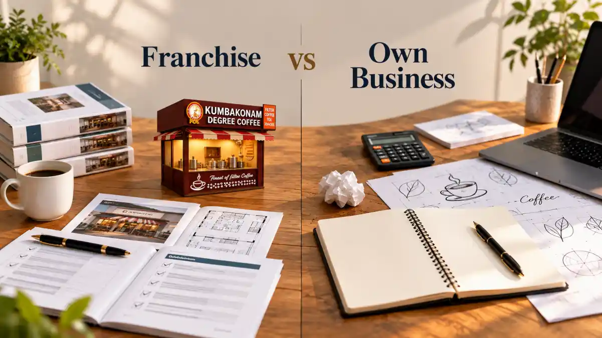 Franchise vs own business in India comparison featuring a Kumbakonam Degree Coffee franchise outlet and independent business planning.