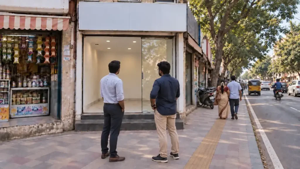 Two indian entrepreneurs considering a small shop space for business ideas