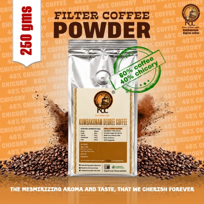 Silver pack of 60:40 filter coffee powder with roasted coffee beans, coffee powder, and blend details.