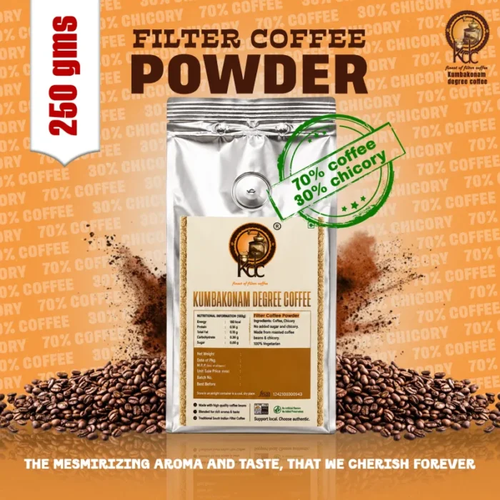 Filter Coffee Powder 70-30 blend | Kumbakonam Degree Coffee Silver pack of 70:30 filter coffee powder surrounded by roasted coffee beans and coffee powder.