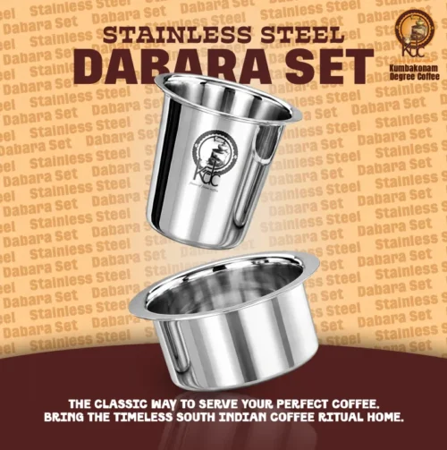 Stainless steel dabara set with a silver tumbler and matching bowl on a coffee-themed background.