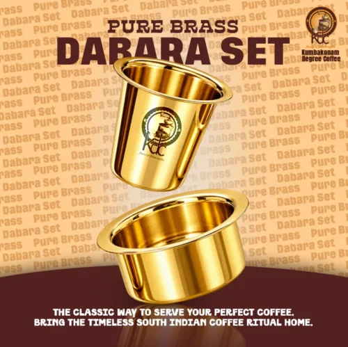 Pure brass dabara set featuring a pure brass tumbler and matching bowl on a coffee-themed background.