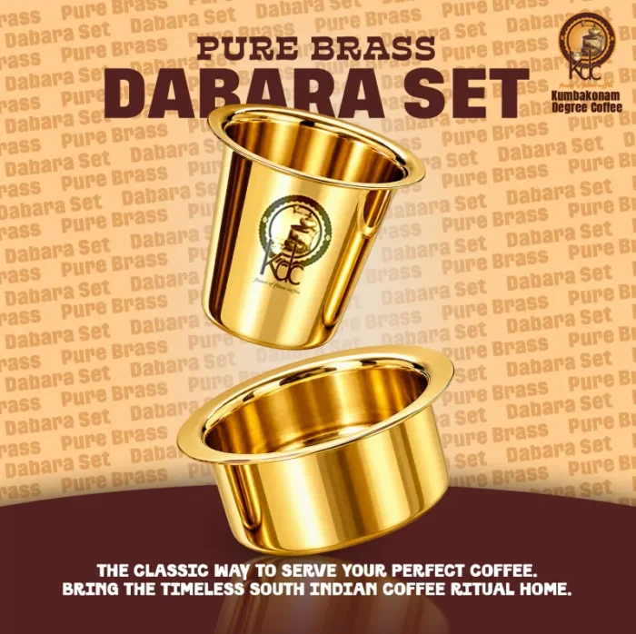 Pure brass dabara set featuring a pure brass tumbler and matching bowl on a coffee-themed background.