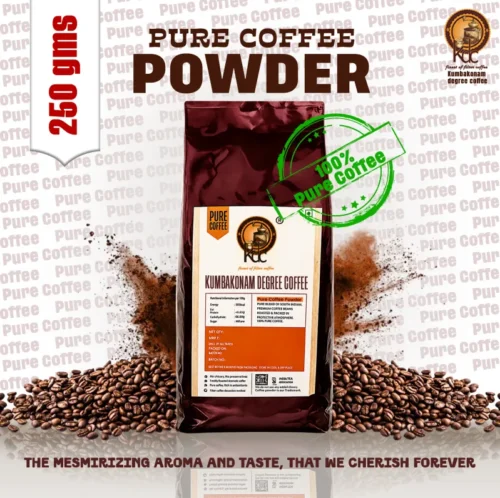 A pack of pure filter coffee powder surrounded by roasted coffee beans and coffee powder.