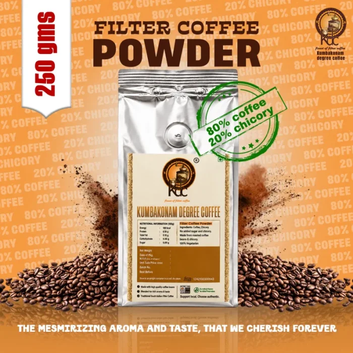 Silver pack of South Indian filter coffee powder with coffee beans; 80% coffee, 20% chicory blend.