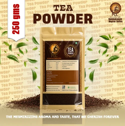 Tea powder pack with handpicked tea leaves, loose tea powder, and branding of Kumbakonam Degree Coffee.