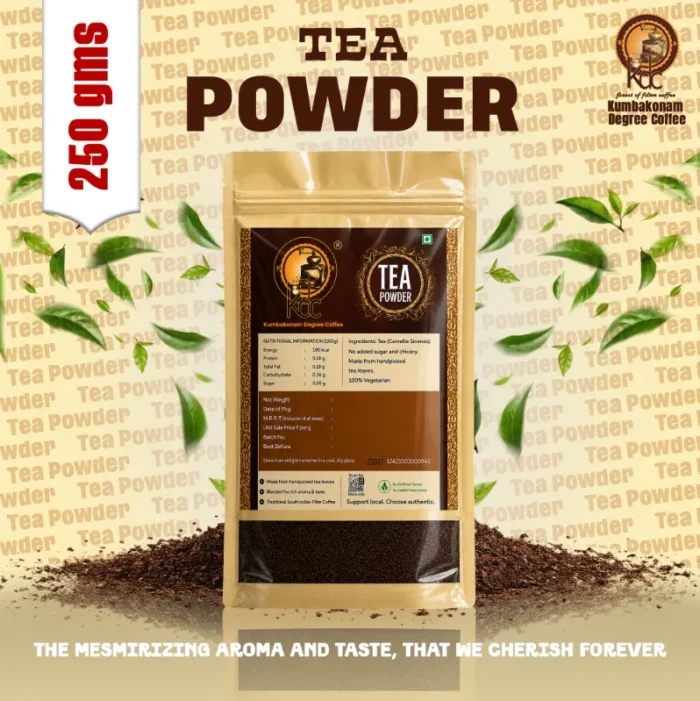 South Indian Tea Powder Online | Kumbakonam Degree Coffee Tea powder pack with handpicked tea leaves, loose tea powder, and branding of Kumbakonam Degree Coffee.