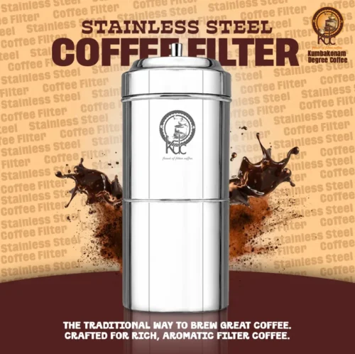 Stainless steel coffee filter with Kumbakonam Degree Coffee logo, and coffee splash background.