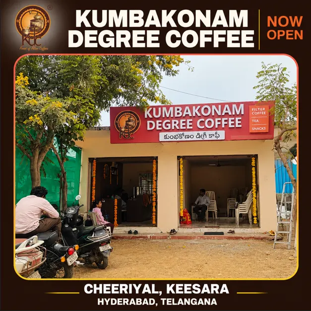 Franchise Offer 7 Kumbakonam Degree Coffee franchise outlet in Cheeriyal, Keesara, Hyderabad, with storefront and opening announcement